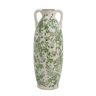 5.9x5.9x15.6' White Ceramic Flower Vase with Green Floral Pattern and Small Handles