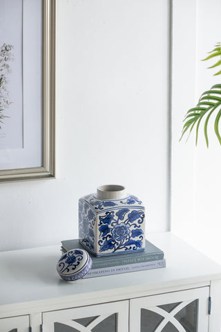 Hand painted blue and white ceramic square canister, view 7