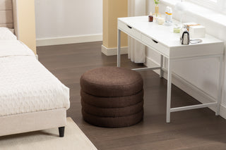 007-Boucle Fabric Storage Round Ottoman Footstool With Wooden Shelving,Brown