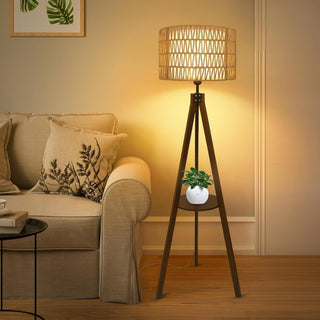 Boho Tripod Floor Lamp with Shelves, Rattan and Fabric Shades