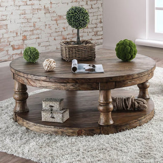 Rustic Round Coffee Table with Open Shelf | Antique Oak Finish, Wooden Table with Turned Legs
