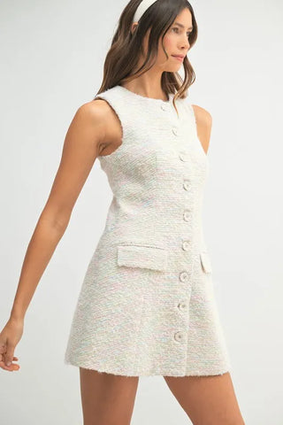 MABLE Tweed Sleeveless Button Down Mini Dress