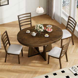 TREXM 5-Piece Round Dining Table Set for 4 – Extendable Dining Table with 16" Removable Leaf and Chairs, Retro Geometric Design for Kitchen or Dining Room, Walnut Finish