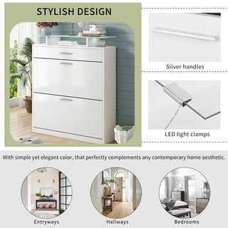 [VIDEO provided] ON-TREND Slim Entryway Organizer with 2 Flip Drawers, Tempered Glass Top Shoe Storage Cabinet with Drawer, Free Standing Tipping Bucket Shoe Rack with LED Light for Hallway, White