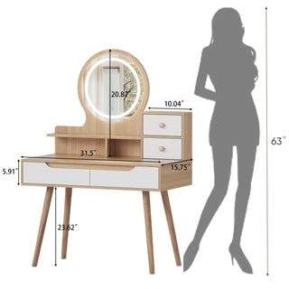 Makeup Vanity Desk with 3 Adjustable Lighted Mirror, Solid Wood Table Feet, Dressing Table Set with 4 Drawers & 3 Open Shelves for Small Space Bedroom