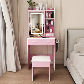 Pink Small Makeup Vanity Desk with Adjustable LED Lights, Built-in Power Outlet & Hidden Storage, Includes Padded Stool and Shelf, Space-Saving Dressing Table for Small Bedrooms, MDF