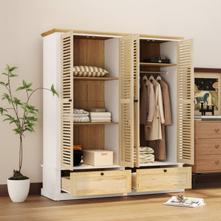 4 Shutter Door Wardrobe Armoire Closet with 2 Drawers, Natural and White