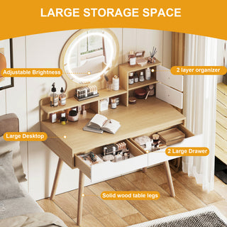 Elegant Makeup Vanity Desk with Adjustable Lighted Mirror, Solid Wood Table Feet, American White Oak, MDF, Compact Size