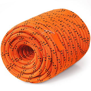 Double Braided Polyester Rope, 3/4 in x 220 ft, 24 Strands, 20000 LBS Breaking Strength Outdoor Rope, Arborist Rigging Rope for Rock Hiking Camping Swing Rappelling Rescue, Orange/Black
