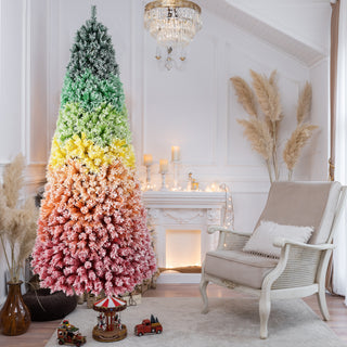 7.5ft Rainbow Gradient Flocked PVC Christmas Tree with 1927 Tips, Colorful Full-Bodied Artificial Pine with Snowy Finish, Hinged Design and Sturdy Metal Stand for Holiday Decoration