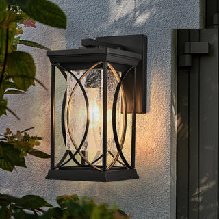14" Black Outdoor Wall Lantern – Weather‑Resistant Exterior Light Fixture with Crackled Glass, Modern Wall Sconce for Porch, Patio & Entryway, E26 Base (Bulb Not Included)