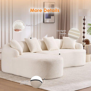Boneless L-Shape Sectional Sofa with Curved Chaise, White Modular Chenille Couch, High-Density Foam Compression Sofa Sleeper for Living Room, Bedroom, Apartment Lounge