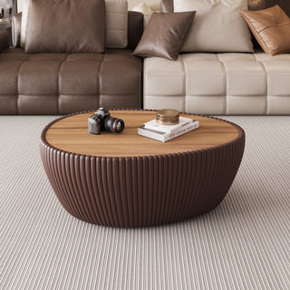 Goose Egg-Shaped Leather Coffee Table with Sintered Stone Top – Modern Sofa Table in Coffee Color with Unique Patterned Tabletop