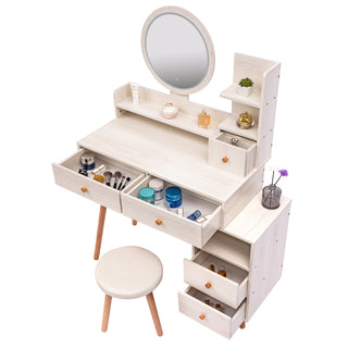 CRAZY ELF Stylish Vanity Table with Cushioned Stool - Touch Control LED Mirror, 5 Drawers, Adjustable Length (L31.5"-43.2" x W15.8" x H48.1") - Large Capacity Storage Makeup Furniture