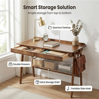 Solid Wood Writing Desk, Home Office Desk for Small Spaces, Mid Century Modern Desks with 2 Drawers & Storage Shelf, Standing Desk with Side Hooks for Study, Bedroom, Office (Walnut)