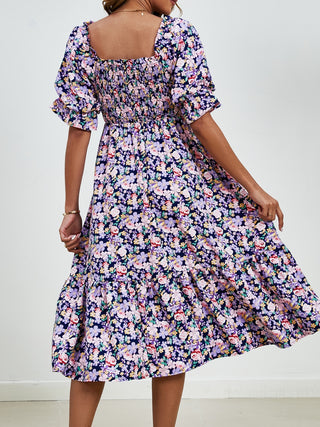 Smocked Floral Square Neck Short Sleeve Dress