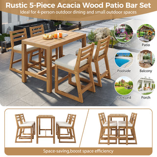 TREXM Rustic Patio Bar Set with Ergonomic Chairs, Solid Wood Slatted Tabletop in Light Teak with Beige Cushion for Poolside, Balcony, Backyard, Porch