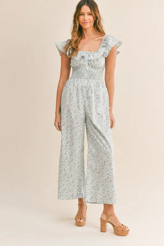 MABLE Floral Print Ruffled Cap Sleeve Jumpsuit