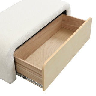 White upholstered boucle storage ottoman, view 8