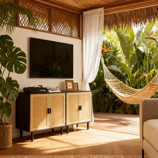 Sideboard, 31.5' Buffet Cabinet with 2 Rattan Doors and Shelves