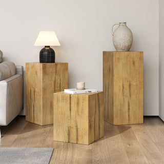 Retro Natural Style Side Table Set – Stackable Square-Column MGO End Tables, Natural Color for Living Room, Bedroom, or Office