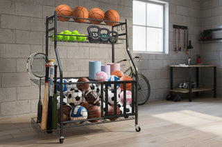 Garage Sports Equipment Organizer - Large Capacity Rolling Ball Storage Rack for Indoor &amp; Outdoor Use