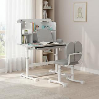 Qaba Kids Desk and Chair Set, Height Adjustable Kids School Study Desk and Chair Set with Tilt Desktop, Storage Drawer and Reading Rack for Writing, Reading and Drawing, Gray