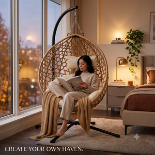 Foldable Hanging Egg Chair with Stand, HDPE Rattan Wicker Swing Chair with Cushion, Heavy Duty Frame 350 Lbs Capacity, Outdoor Patio Indoor Bedroom Balcony, Beige+Yellow