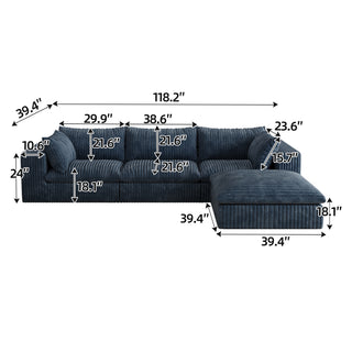 Blue 118.2" Corduroy Cloud Sofa - Deep Seat Double-Layer Modular Couch