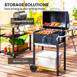 Outsunny Charcoal BBQ Grill, Portable Barbecue Grill for Camping or Backyard Picnic with Side Table, Bottom Storage Shelf, Wheels and Handle, Black