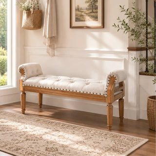 Mid-Century Solid Wood Upholstered Bench, End of Bed Bench with Rolled Arms, Classic Button-Tufted Ottoman with Nailhead Trim, Window Bench for Bedroom, Entryway, Closet, Beige
