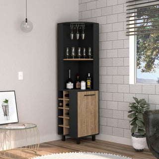 Corner Bar Single Door Cabinet Two Shelves, Ten Built-in Wine Rack, Two Interior Shelves, Black / Pine