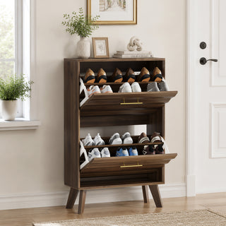 Walnut Wood Flip-Top Shoe Cabinet, Narrow Entryway