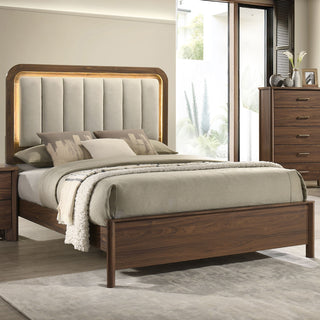 Mid-century modern queen bed in walnut with channel-tufted headboard and LED warm light