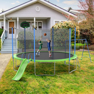 14FT Trampoline with Slide and Swings, Double Color Cover, Basketball Hoop, Ladder, Outdoor Backyard Trampoline with Net, Capacity for Kids and Adults