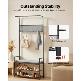 Hall Tree, 72 in Coat Rack with Shoe Bench, Freestanding 2-Tier Shoe Rack Storage Organizer with Hooks, Hanging Rod and Wire Shelf, Steel Frame Entrance Coat Holder for Entry, Bedroom, Closet