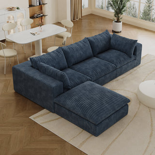 118.2" L-Shaped Sectional Sofa with Ottoman - 4-Seat, Blue Fabric ,3 seater + 1 ottoman