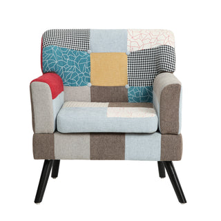 Patchwork Accent Chair, Mid-Century Modern Fabric Club Chair, Comfy Colorful Single Sofa for Living Room, Bedroom, Office, Study, and Reading Room