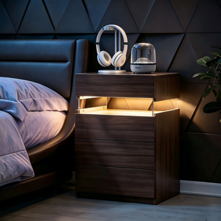 Walnut LED nightstand with 4 drawers, view 4
