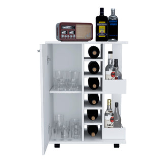 32" H White Bar-Coffee Cart with Cabinet Storage, 4 Wheels, Divided Shelf, Folding Door, and Bottle Holder – Stylish Mobile Storage for Home Bars or Coffee Stations