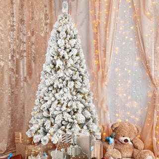 7.5FT Flocked Christmas Tree with 500 Warm White LED Lights – 1252 Tips, Snowy PVC & Hard Needle Branches, Hinged Design for Easy Setup, Sturdy Metal Stand – Full & Realistic Holiday Tree