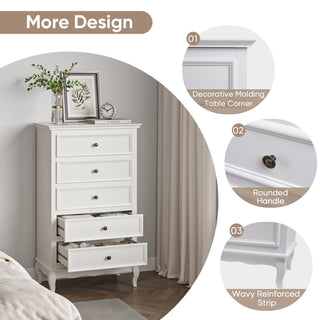 Modern 5 Drawer White Dresser with Solid Wood Legs | Vertical Bedroom Storage
