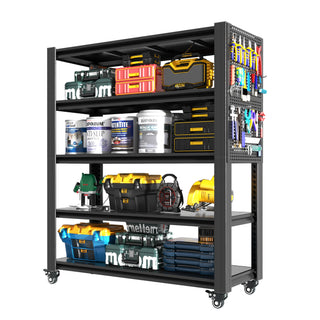 Heavy Duty 5-Tier Metal Shelving Unit with Pegboard & Wheels, Adjustable Storage Rack for Garage, Kitchen & Office – Black 47.2"W x 23.6"D x 72"H