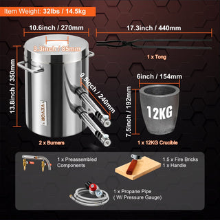 Propane Melting Furnace Kit – 12KG Large Capacity Stainless Steel Foundry Kiln with Crucible & Tongs for Home Metal Casting, Blacksmithing, Gold, Copper, Silver Recycling
