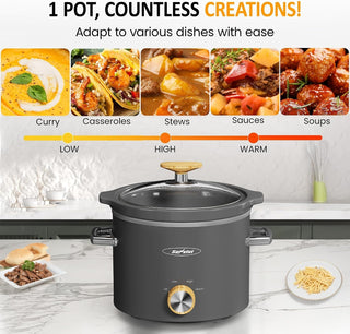 2 Quart Small Slow Cooker with Ceramic Pot, Grey
