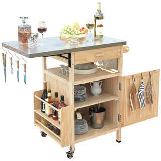 K&K 40.5" Outdoor Grill Cart – Solid Wood Rolling Kitchen Cart with Stainless Steel Top, Drop Leaf, Drawer, Towel Rack & Lockable Wheels for Patio, Lawn & Garden