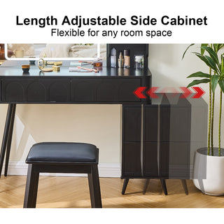 Modern Makeup Vanity Desk with LED Lights & Mirror – 4-Drawer Dressing Table Set with Stool, 3-Color Dimmable LED, Black