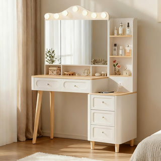 White Vanity Desk with Mirror and Lights - 2 USB Power Strip &amp; 3-Drawer Chest