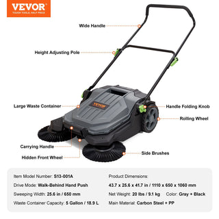 Walk-Behind Hand Push Floor Sweeper – 25.6" Manual Non-Electric Sweeper with 5-Gallon Waste Container, Adjustable Folding Handle for Walkways, Yards, Garages & Patios