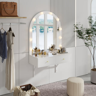 Floating Makeup Vanity Desk with Mirror & 3-Color Lights, Wall Dressing Table with Power Outlet, Compact vanity, Large Storage, White